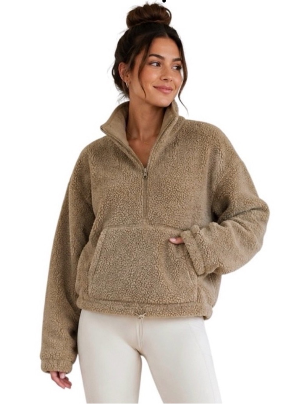 Bailey/44 Teddy Sherpa Half Zip Pullover Taupe Cropped Fleece Jacket Size Small